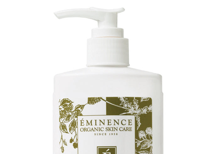 Pump bottle of Eminence Organic Skin Care product with botanical illustrations on the label.